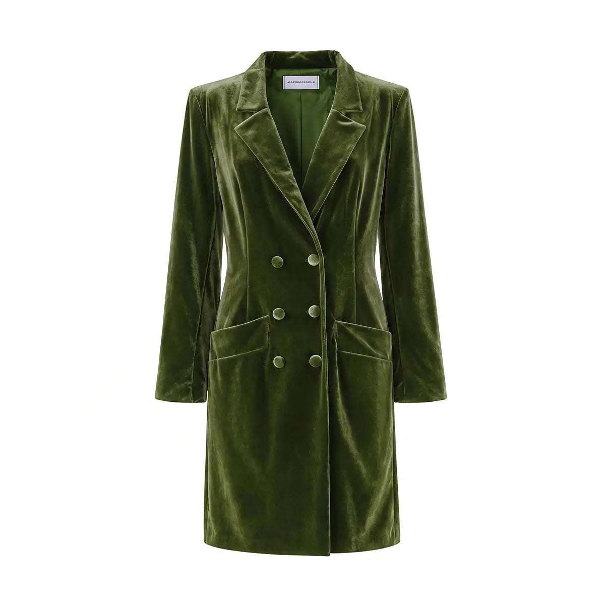 NORA, robe manteau doppiopetto in ciniglia verde con revers e bottoni sul davanti.