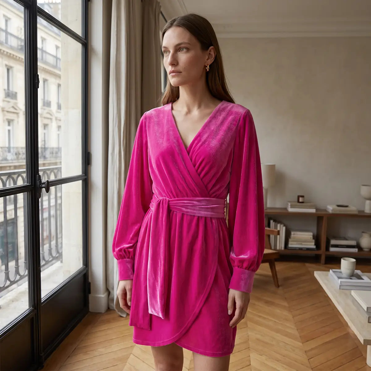 OFELIA, abito corto in ciniglia fucsia con cintura, scollo incrociato e maniche a palloncino, su modella.