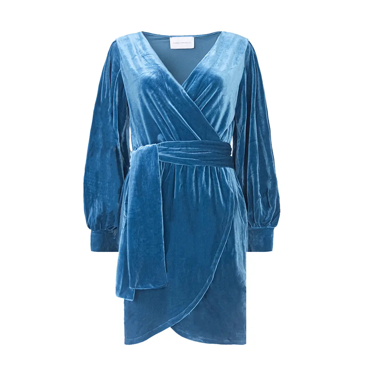 Abito corto OFELIA di Alessandra Gallo in ciniglia ottanio con cintura rimovibile in vita, con scollo a V, maniche lunghe ambia e polsino - vista frontale - Day&Night Collection