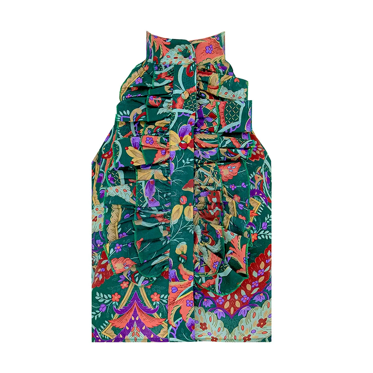 ORCHIDEA top di Alessandra Gallo con schiena nuda e fiocco, bottoni centrali ricoperti e volant in cotone fantasia Pergola - Printemps Collection - Made in Italy - vista frontale
