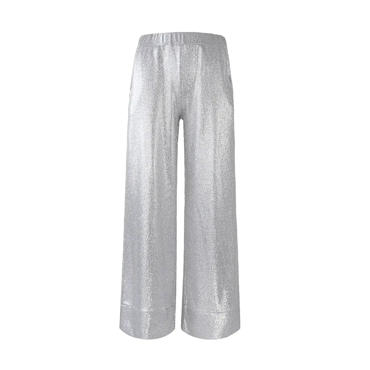 Pantaloni palazzo donna in lurex argento AIDA con vita elasticizzata e tasche laterali – Alessandra Gallo