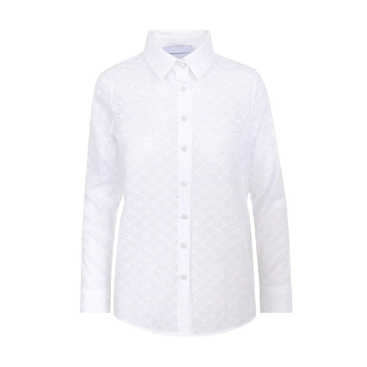 camicia PEONIA di Alessandra Gallo con maniche lunghe, collo all'italiana e bottoni rivestiti in cotone sangallo - Made in Italy -
broderie collection - vista frontale