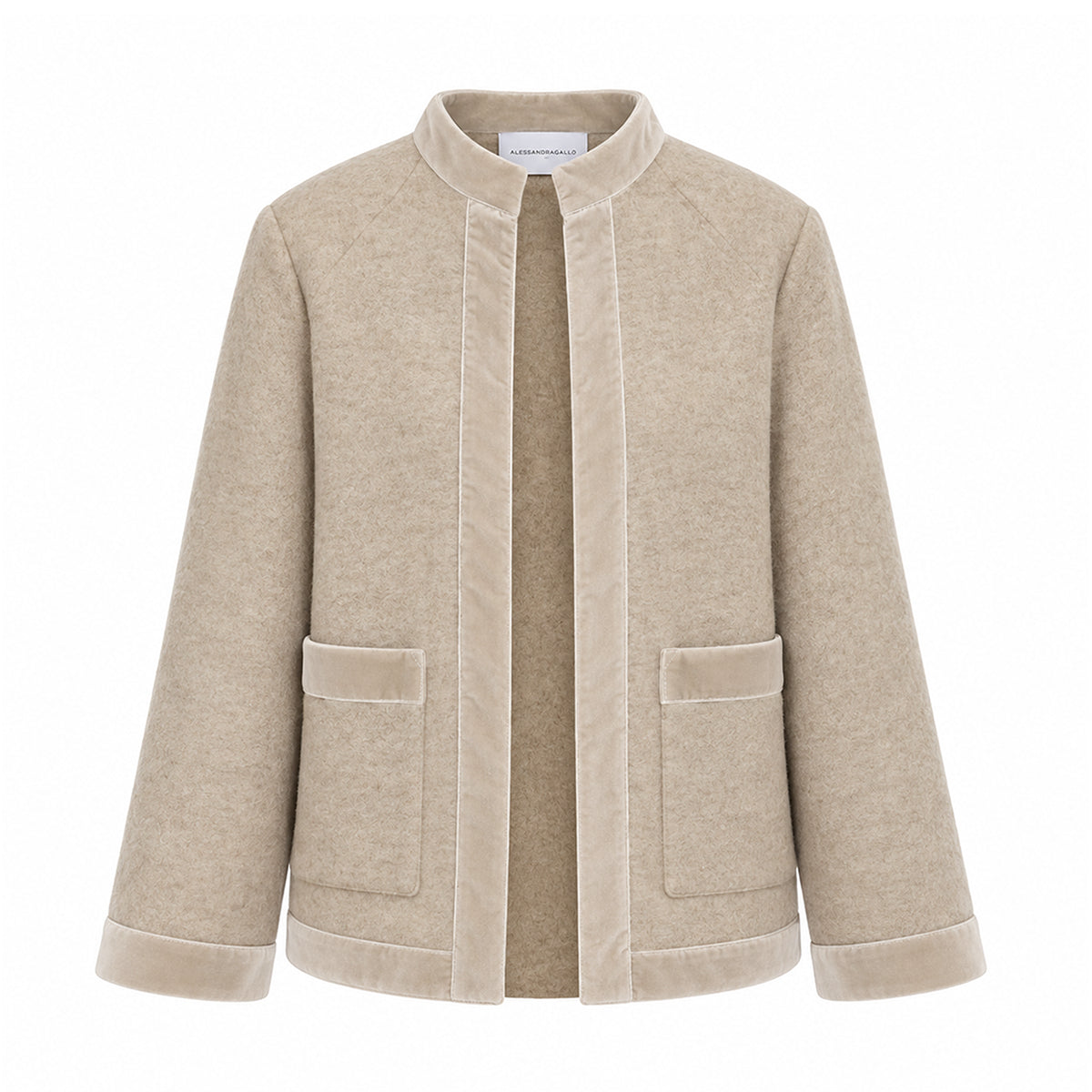 PRISCILLA, giacca in lana cotta beige con profili in velluto tono su tono, zip frontale e tasche.