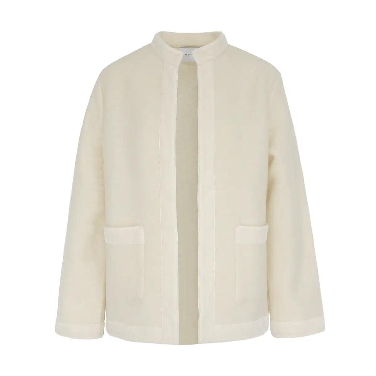 giacca PRISCILLA di Alessandra Gallo in lana cotta crema con bordi in velluto - vista frontale - The Wool collection