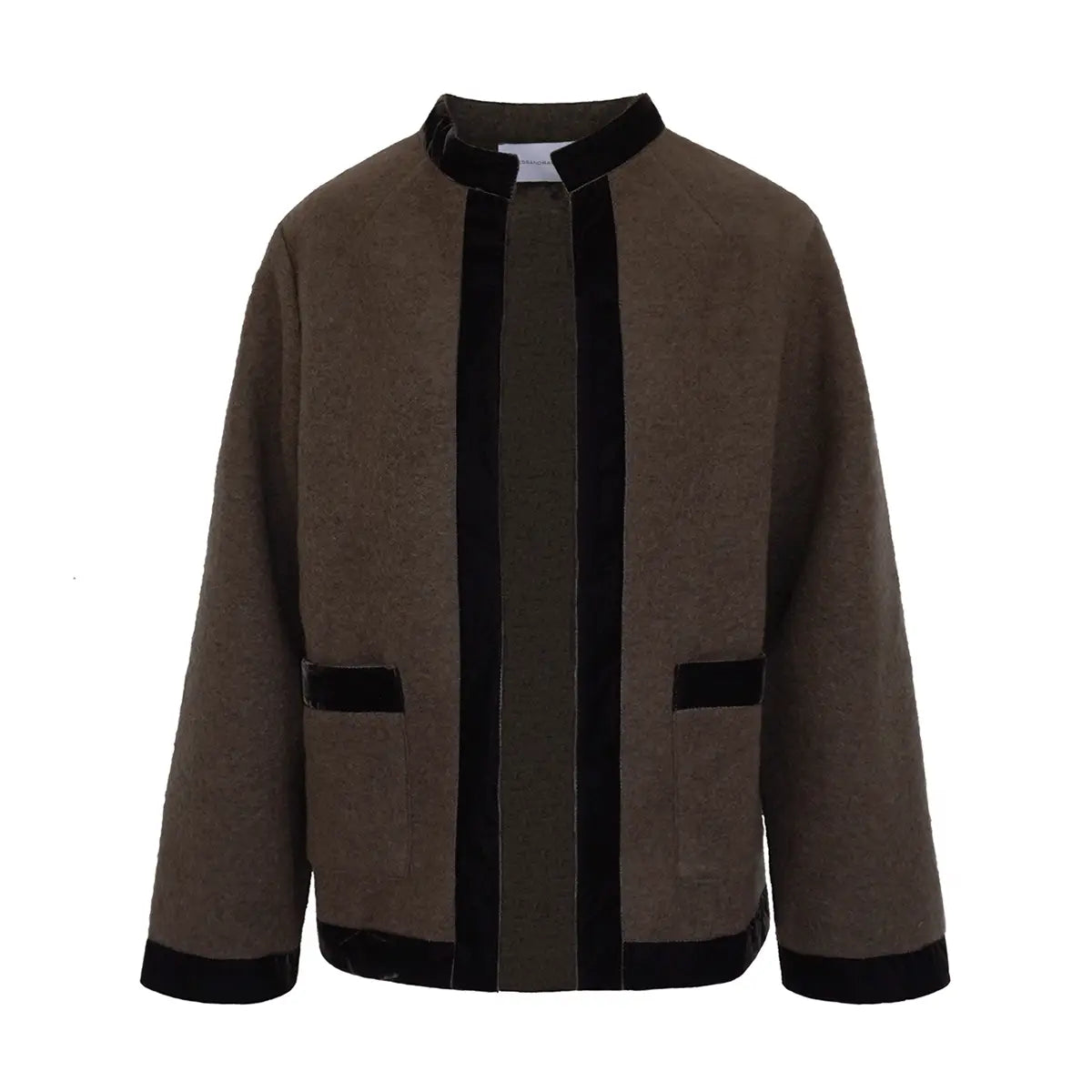 giacca PRISCILLA di Alessandra Gallo in lana cotta marrone con bordi in velluto - vista frontale - The Wool collection