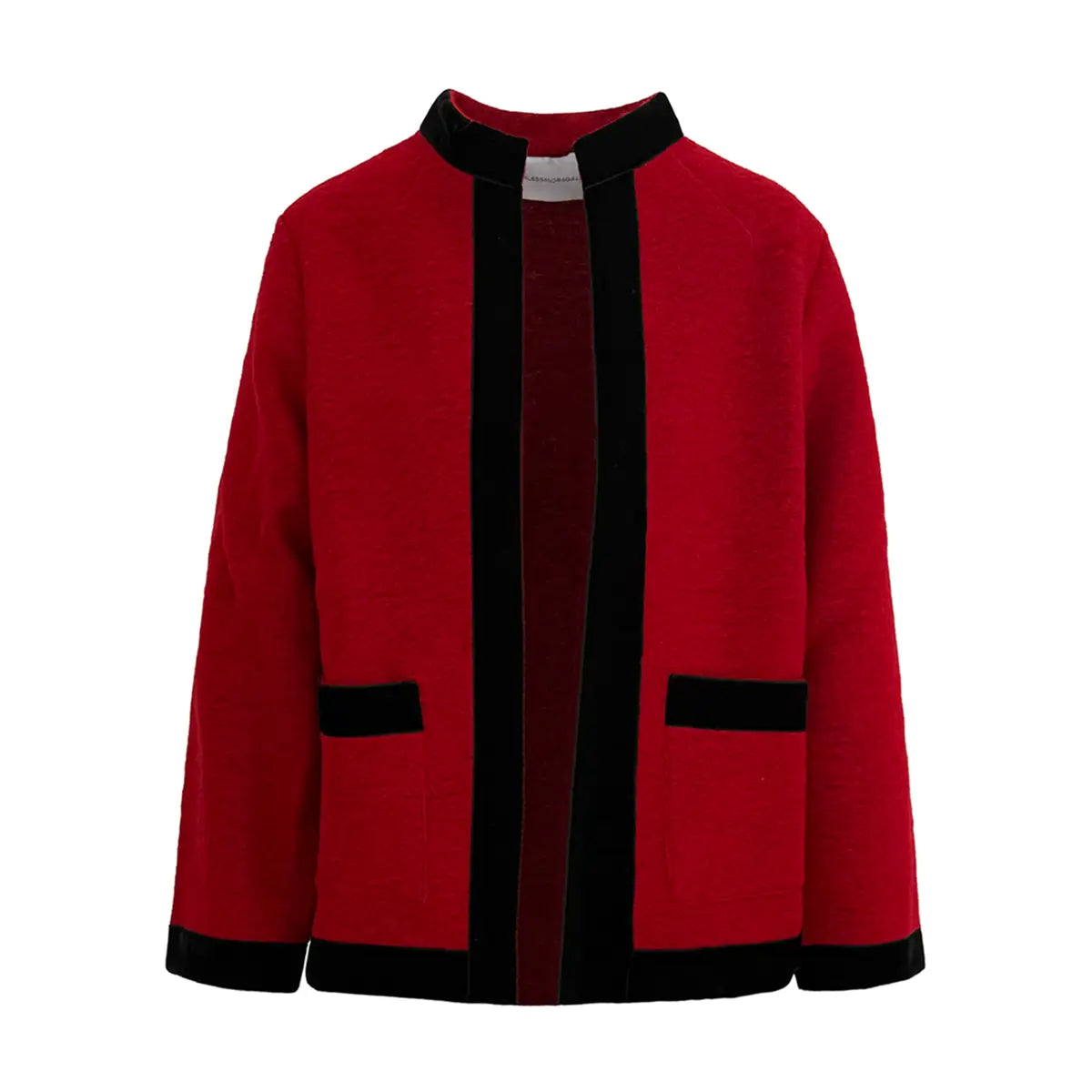 giacca PRISCILLA di Alessandra Gallo in lana cotta rosso con bordi in velluto nero - vista frontale - The Wool collection