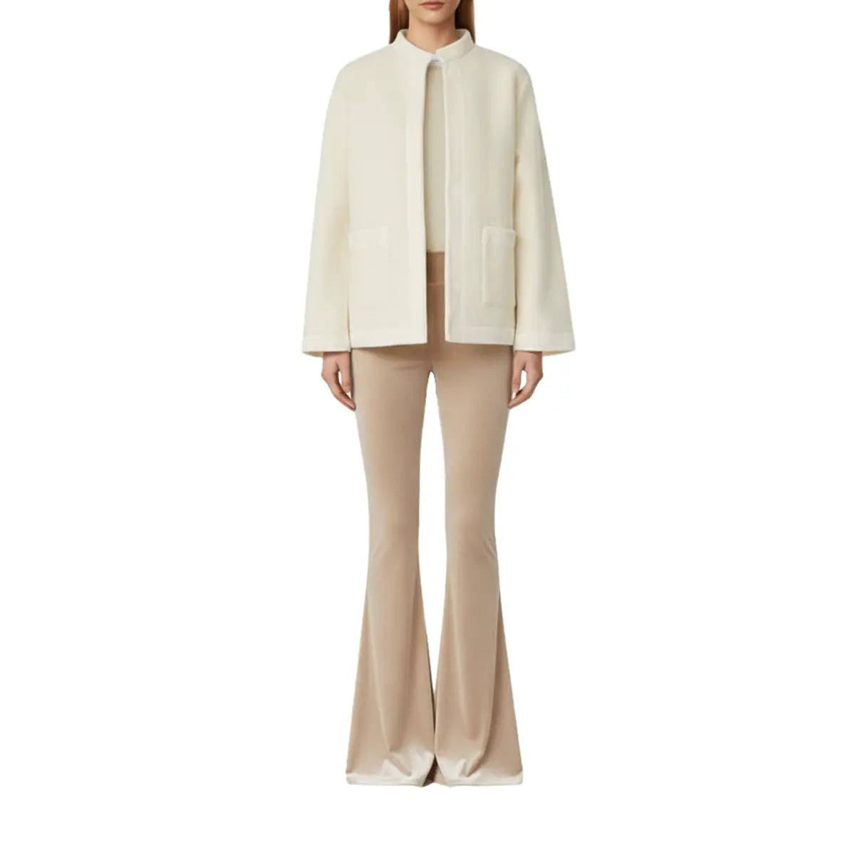 giacca PRISCILLA di Alessandra Gallo in lana cotta crema con bordi in velluto - indossata frontale - The Wool collection