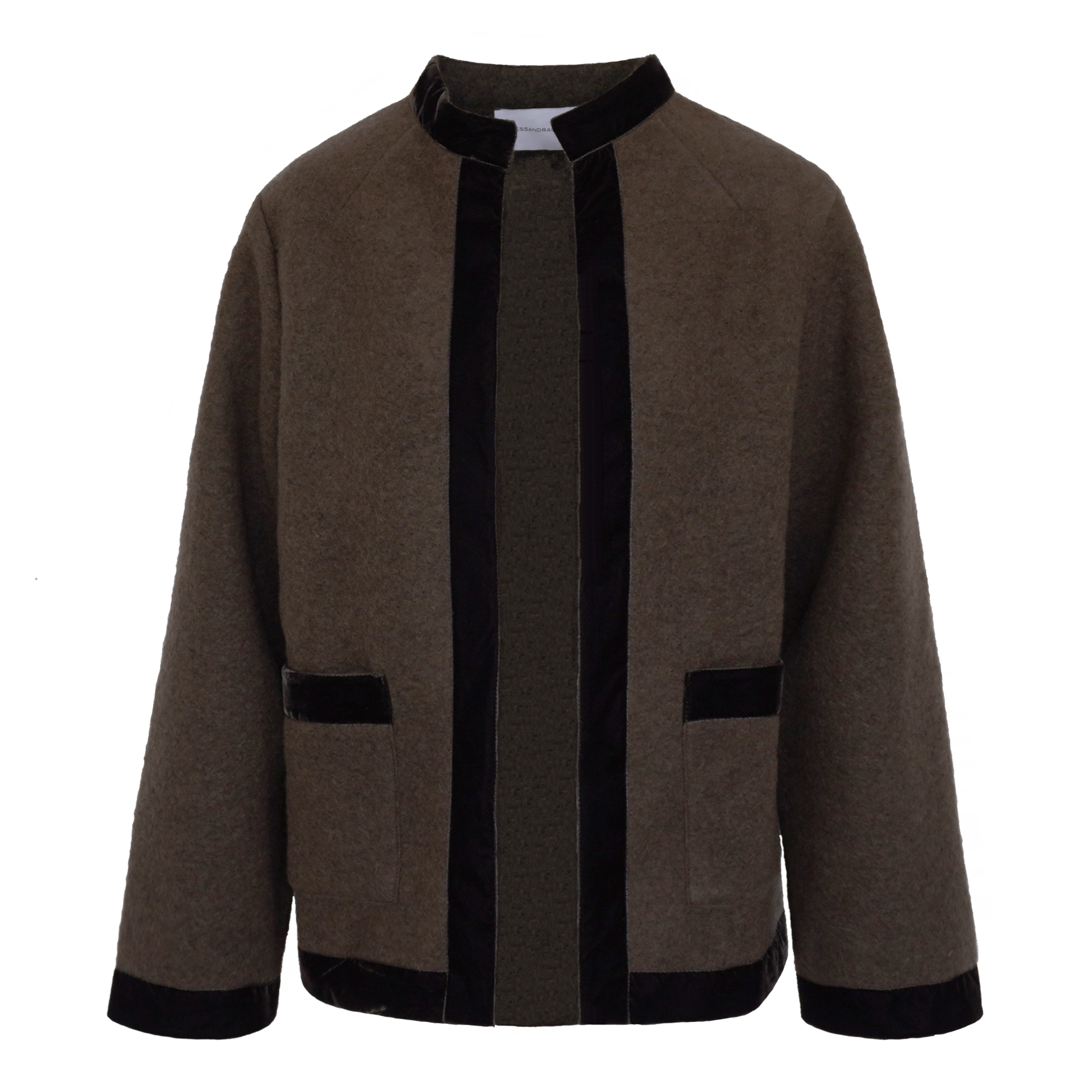 giacca PRISCILLA di Alessandra Gallo in  lana cotta marrone con finitura in velluto - vista frontale - The Wool Collection