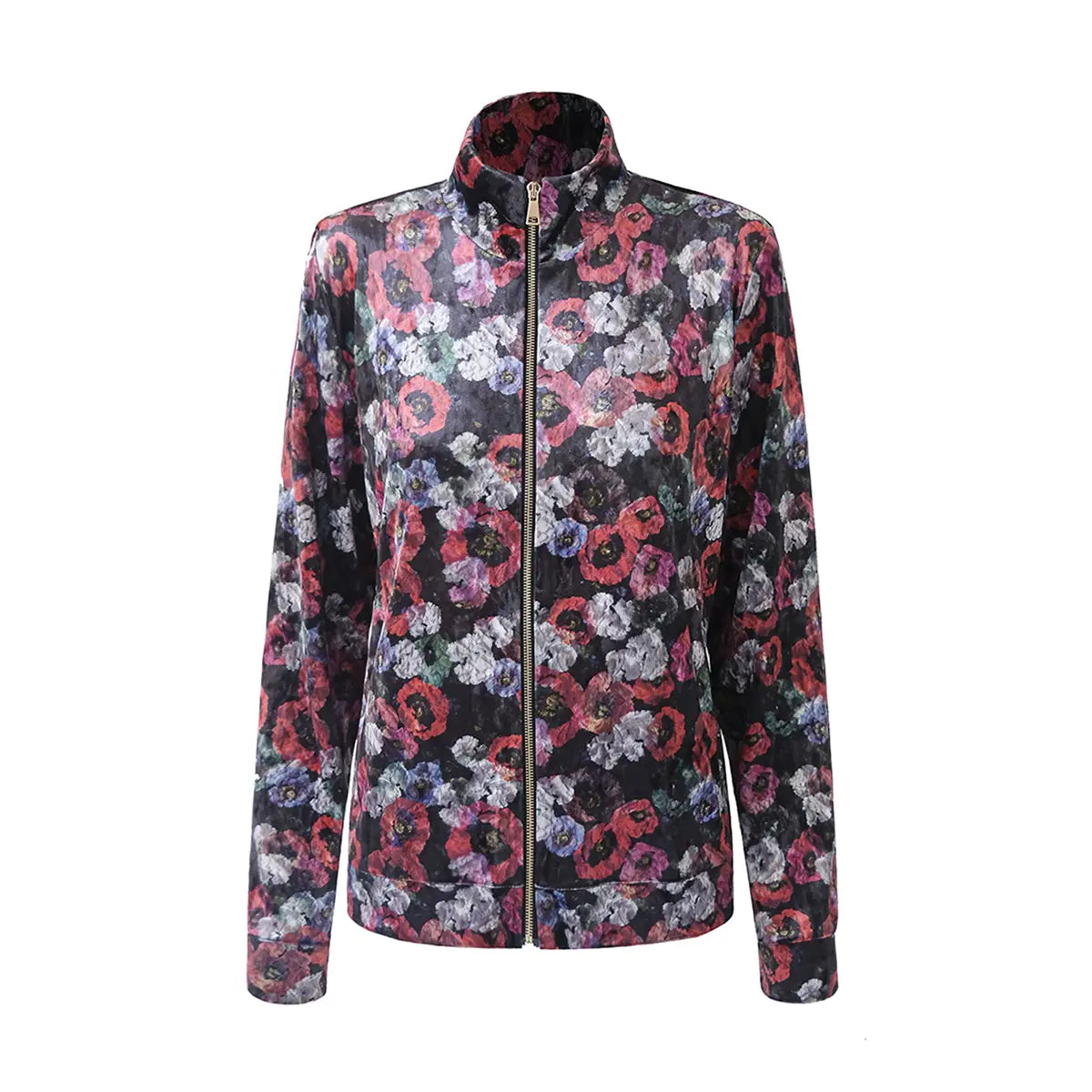 Felpa REINE di Alessandra Gallo in ciniglia martellata stampa fiori con maniche lunghe, zip e tasche - vista frontale - Day&Night Collection