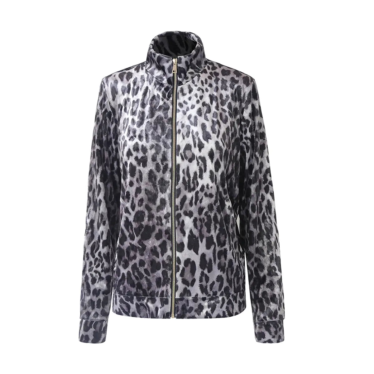 Felpa REINE di Alessandra Gallo in ciniglia martellata stampa animalier grigio con maniche lunghe, zip e tasche - vista frontale - Day&Night Collection