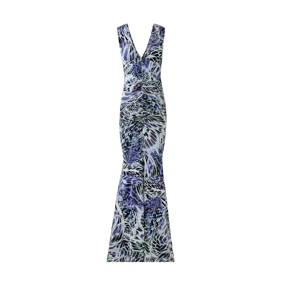SELENE abito lungo a sirena senza maniche in lycra fantasia leaves di Alessandra Gallo - Made in Italy - The stretch Collection - vista frontale
