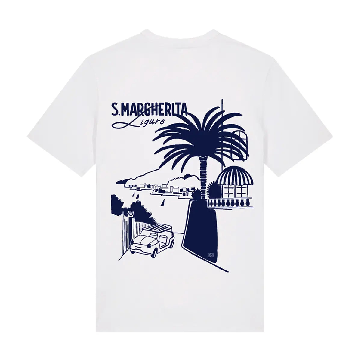 T-shirt Santa Margherita bianca, vista del lato con stampa blu.