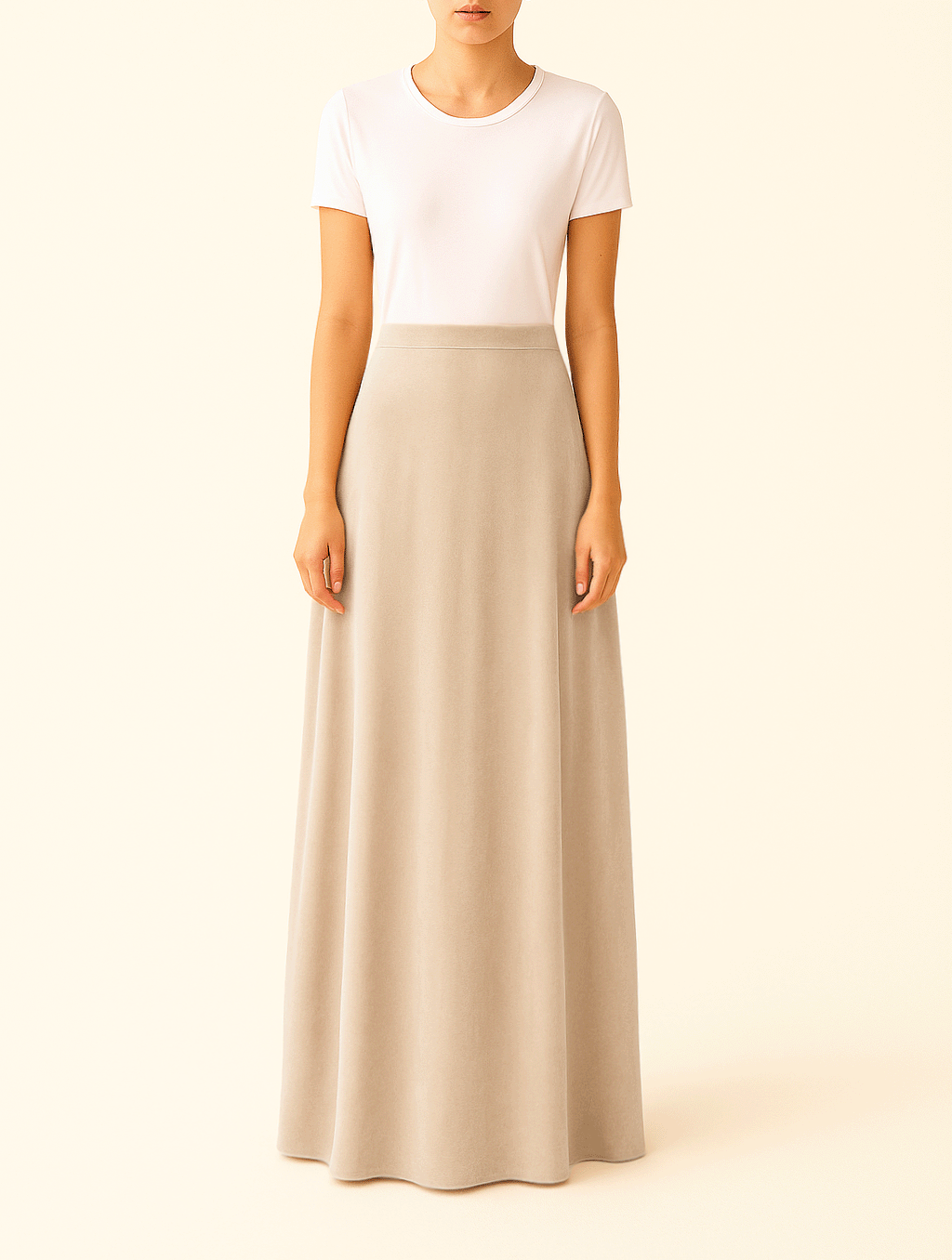 Gonna lunga TOSCA di Alessandra Gallo in ciniglia beige - indossata frontale - Day&Night Collection