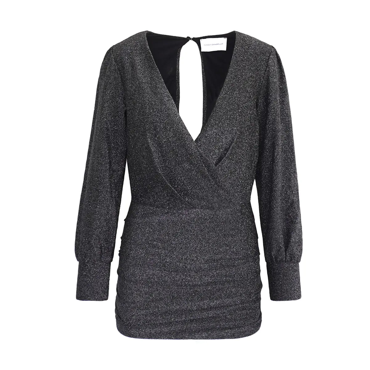 ZOE abito corto di Alessandra Gallo in lurex antracite con maniche lunghe e scollo a V - vista frontale - Stardust Collection