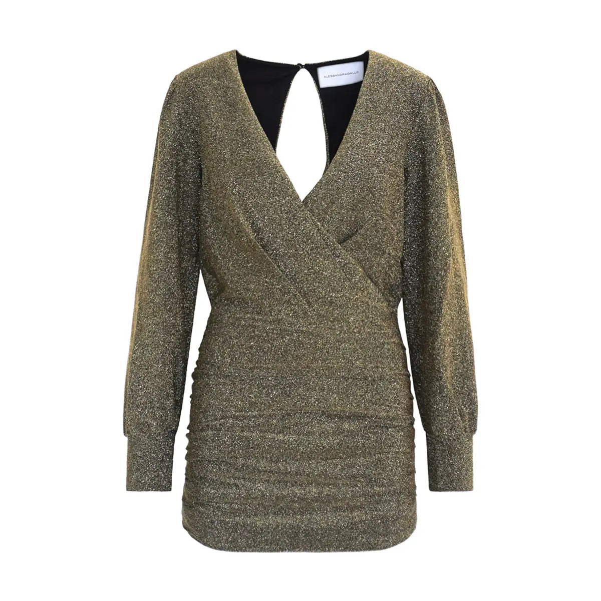 ZOE abito corto di Alessandra Gallo in lurex oro con maniche lunghe e scollo a V - vista frontale - Stardust Collection