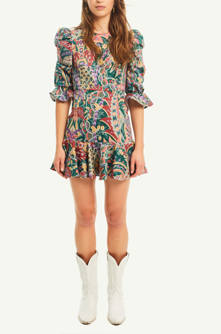 ANDREA - round neck dress with puffball sleeves and volant in cotton Kew print