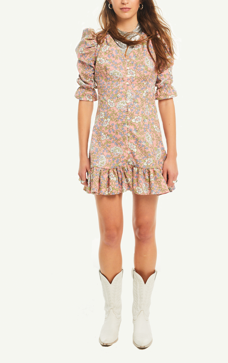 DALIA - v neck dress with 3\4 puffball sleeves and volant in cotton Kew print