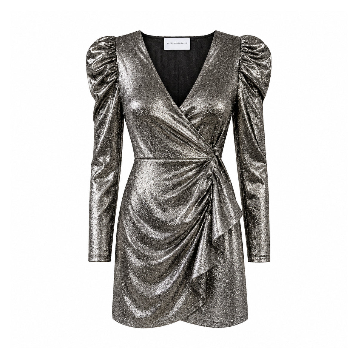EMMA, abito corto in lurex antracite con scollo a V e spalle arricciate.
