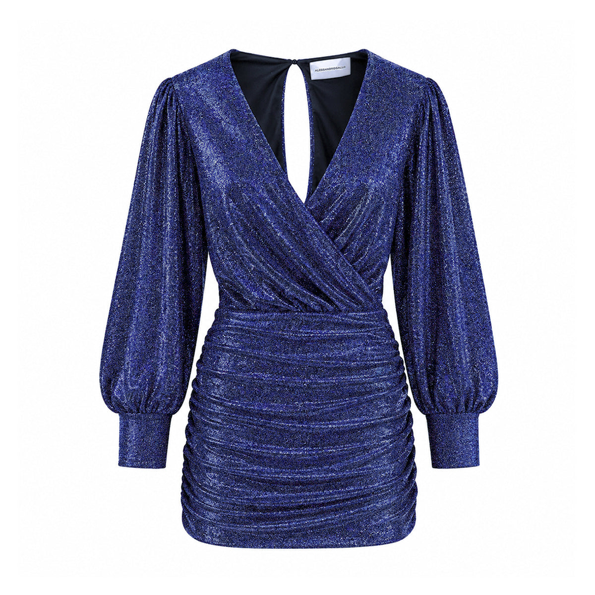 ZOE, abito corto in lurex blu con scollo incrociato e gonna drappeggiata.