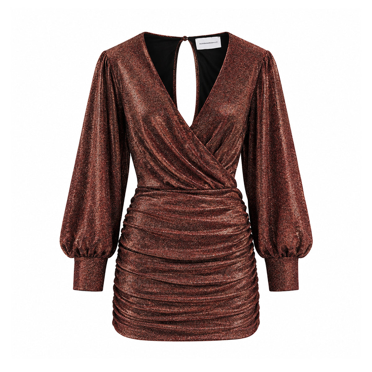 ZOE, abito corto in lurex bronzo con scollo incrociato e gonna drappeggiata.