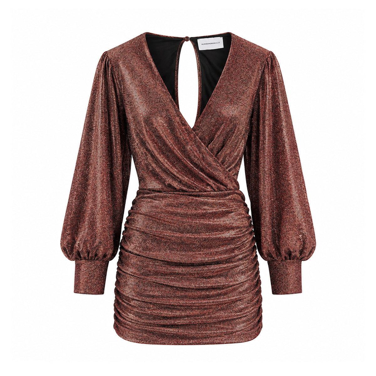 ZOE, abito corto in lurex bronzo con scollo incrociato e gonna drappeggiata.