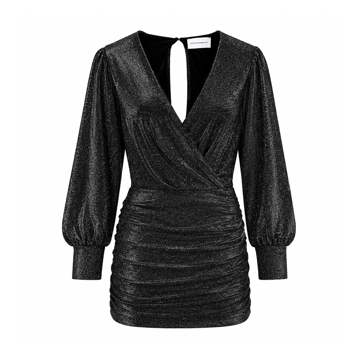 ZOE, abito corto in lurex nero con scollo incrociato e gonna drappeggiata.