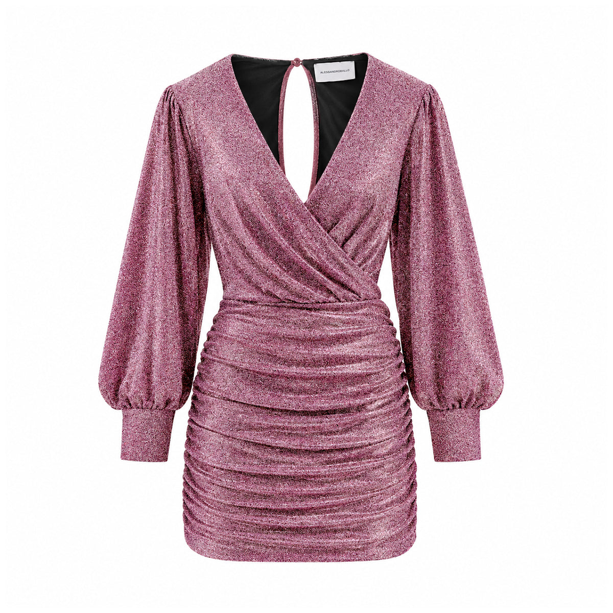 ZOE, abito corto in lurex rosa con scollo incrociato e gonna drappeggiata.