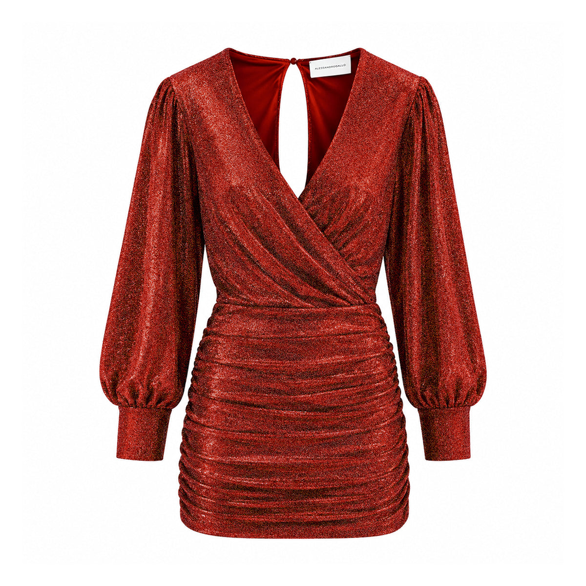 ZOE, abito corto in lurex rosso con scollo incrociato e gonna drappeggiata.