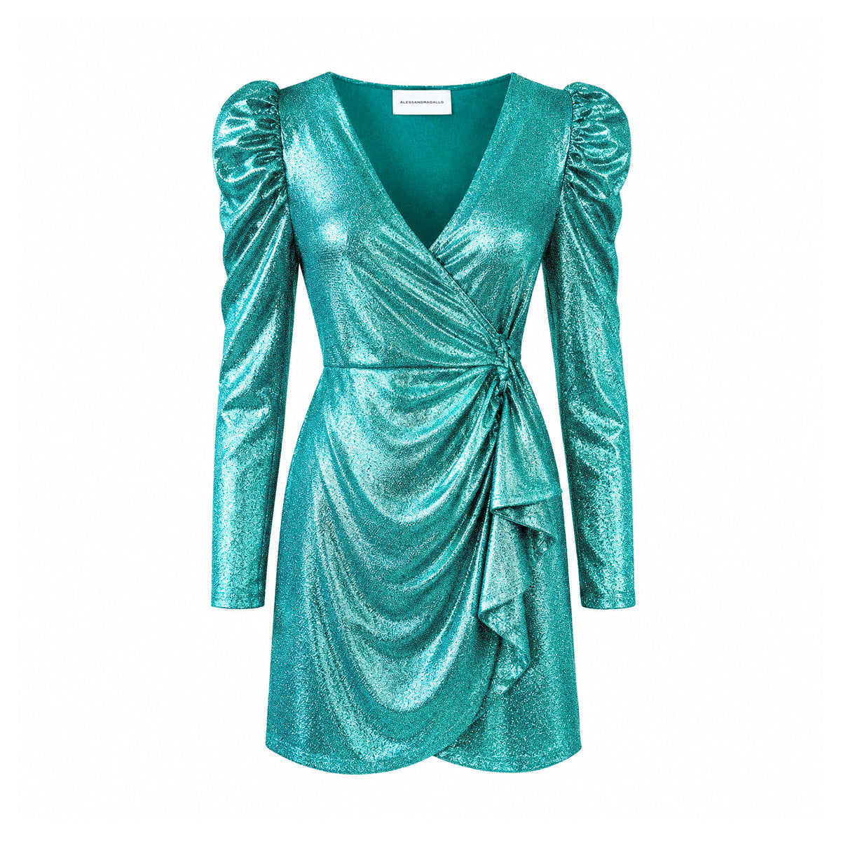 EMMA, abito corto in lurex verde con scollo a V e spalle arricciate.