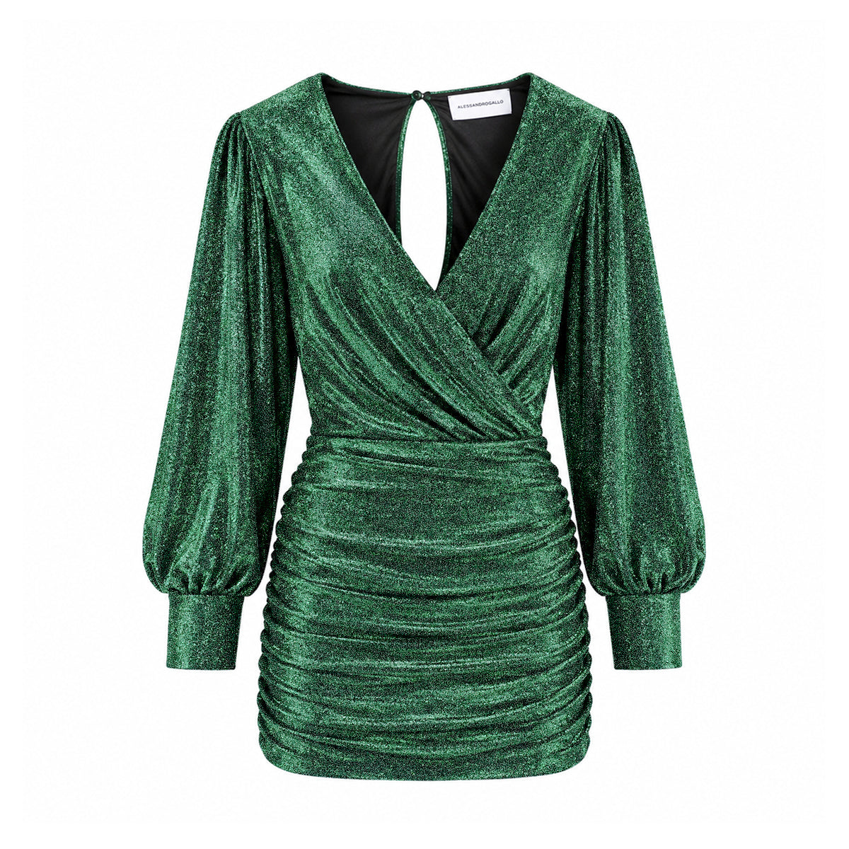 ZOE, abito corto in lurex verde con scollo incrociato e gonna drappeggiata.