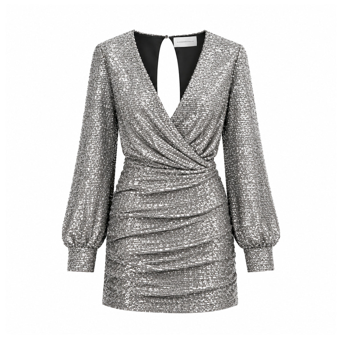 ZOE, abito corto in paillettes argento con scollo incrociato e gonna drappeggiata.
