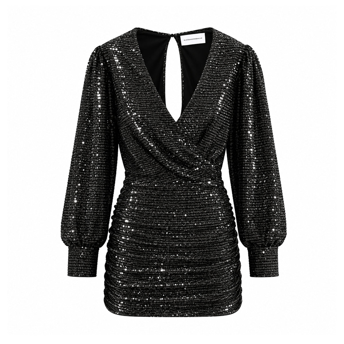 ZOE, abito corto in paillettes nere con scollo incrociato e gonna drappeggiata.