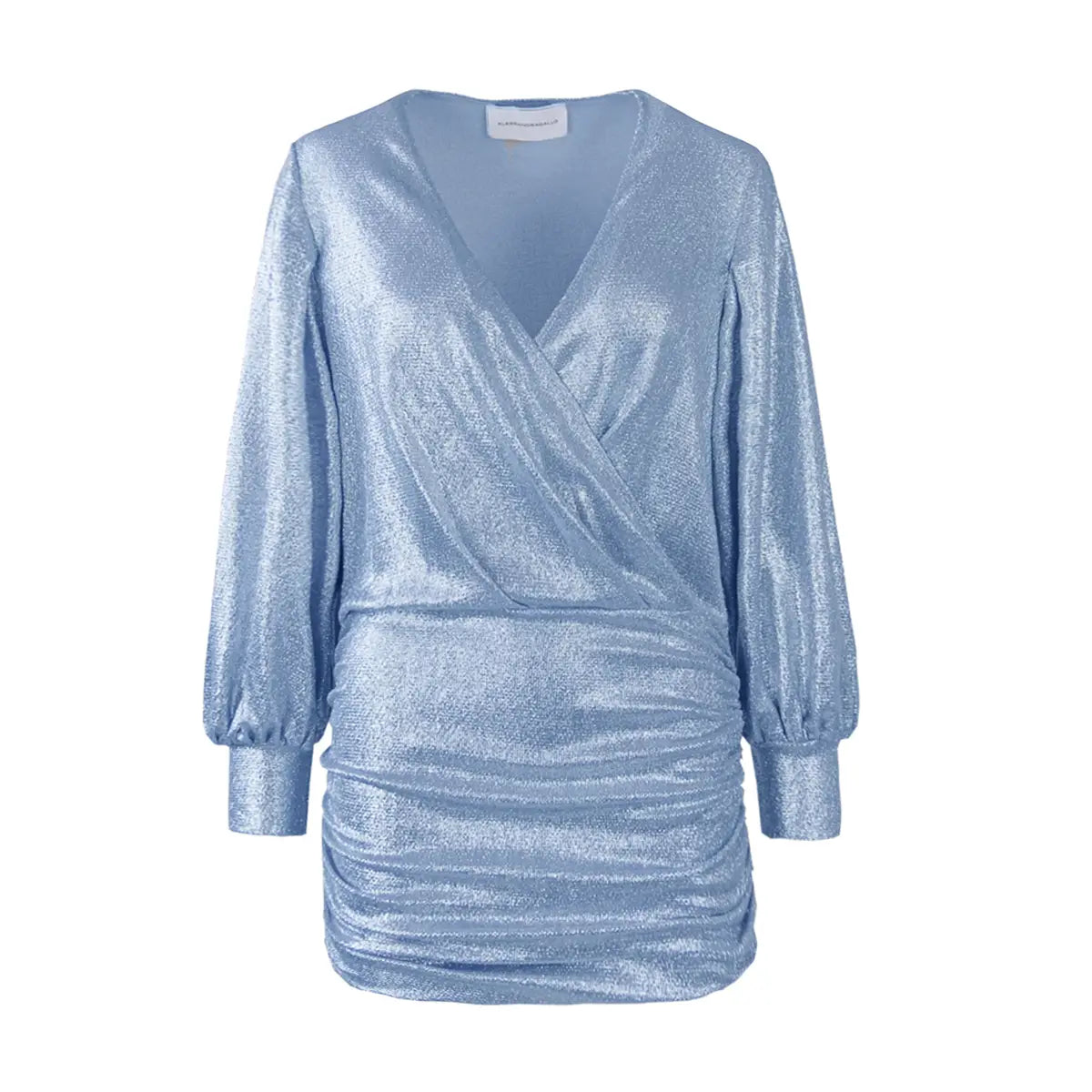 Abito corto drappeggiato in lurex azzurro MIA con scollo a V incrociato e maniche lunghe – Alessandra Gallo
