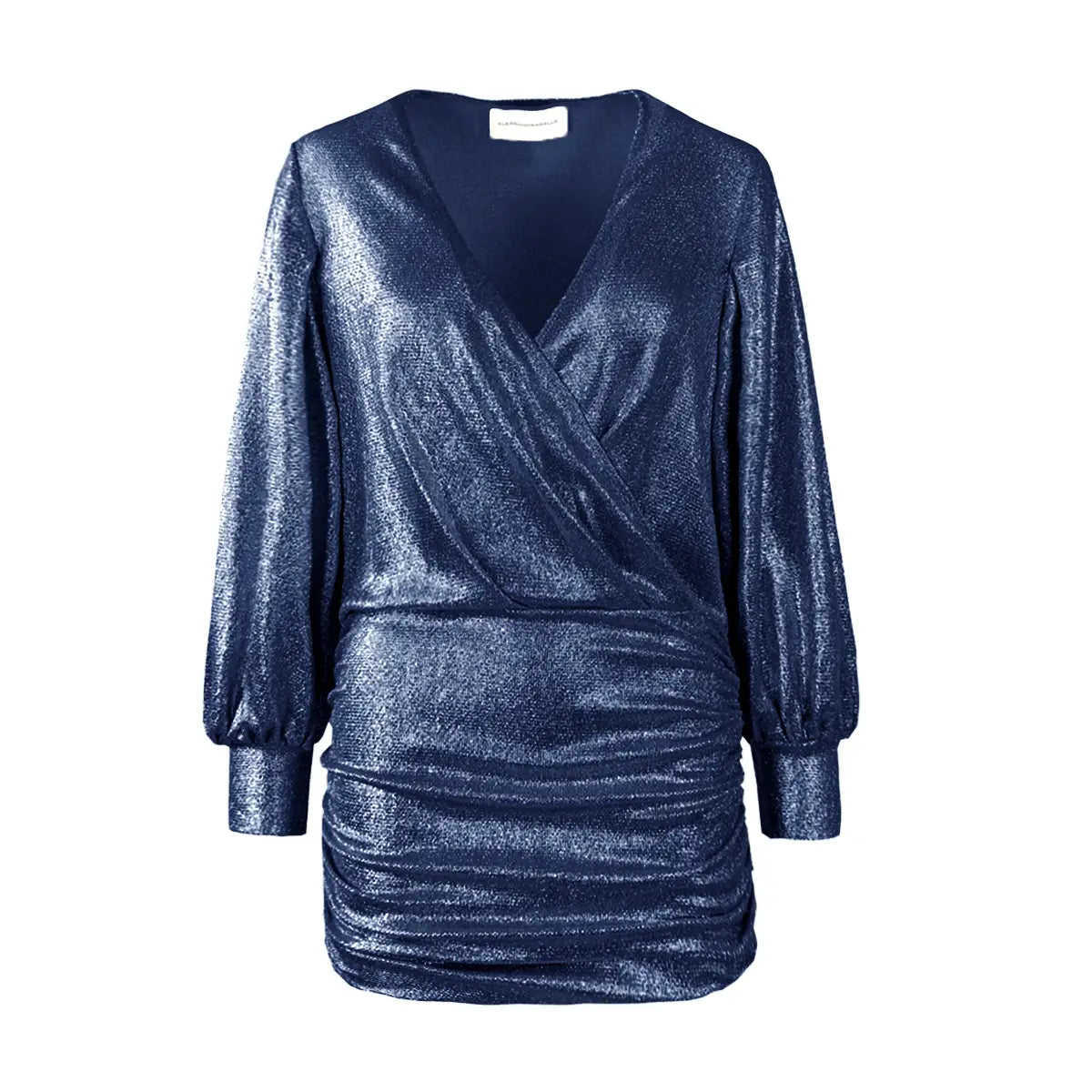Abito corto drappeggiato in lurex blu MIA con scollo a V incrociato e maniche lunghe – Alessandra Gallo
