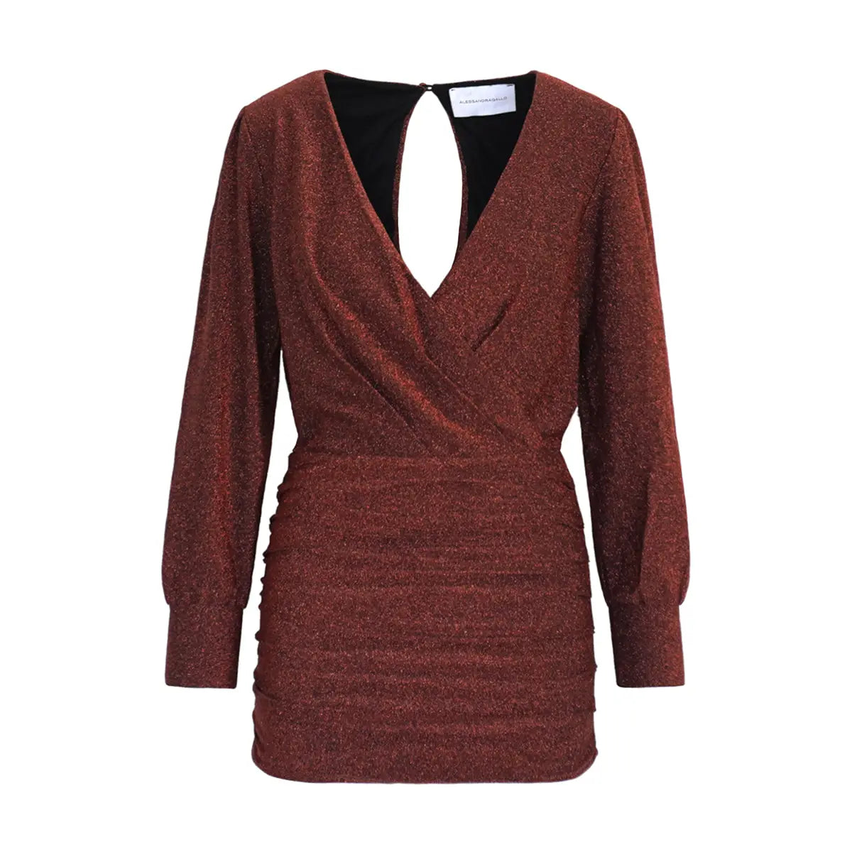 Abito corto drappeggiato in lurex bronzo ZOE con scollo a V incrociato e apertura sulla schiena – Alessandra Gallo
