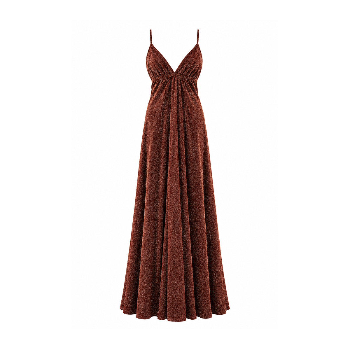 MICOL, abito lungo in lurex bronzo con scollo a V e spalline sottili.