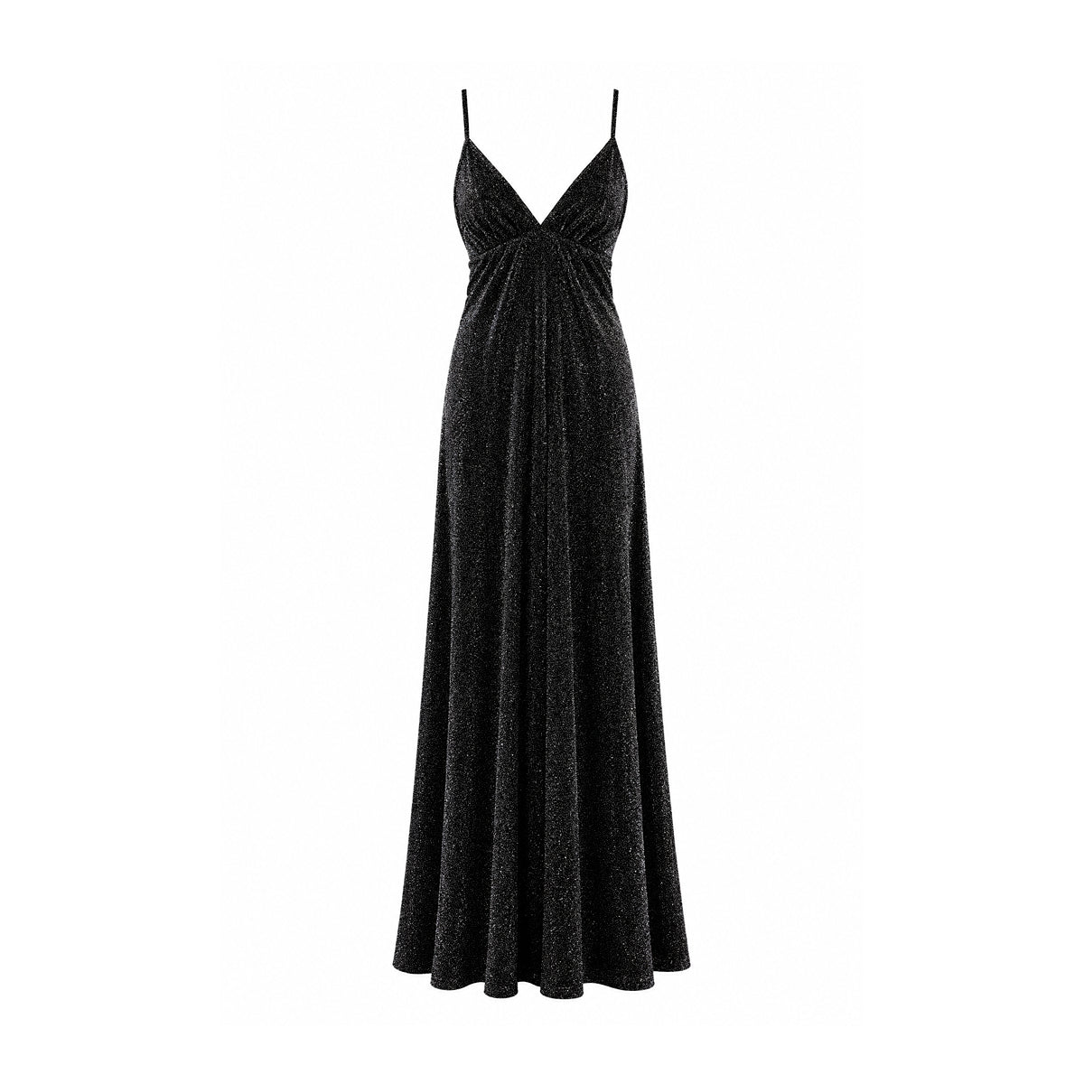 MICOL, abito lungo in lurex nero con scollo a V e spalline sottili.