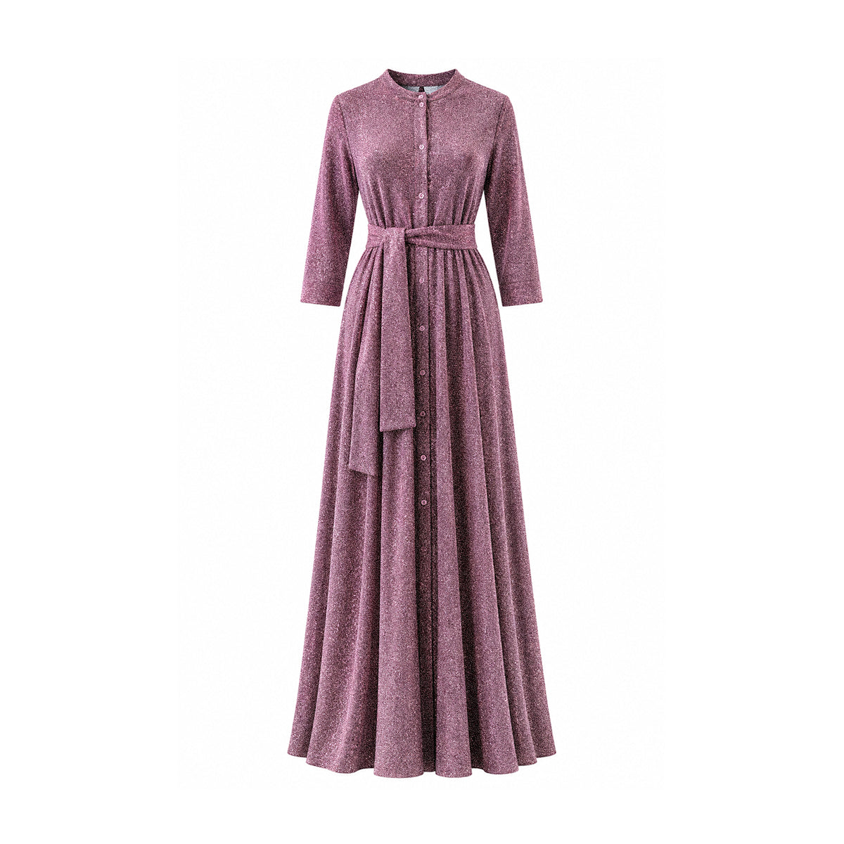 CLELIA, abito lungo in lurex rosa con cintura, bottoni sul davanti e gonna ampia.