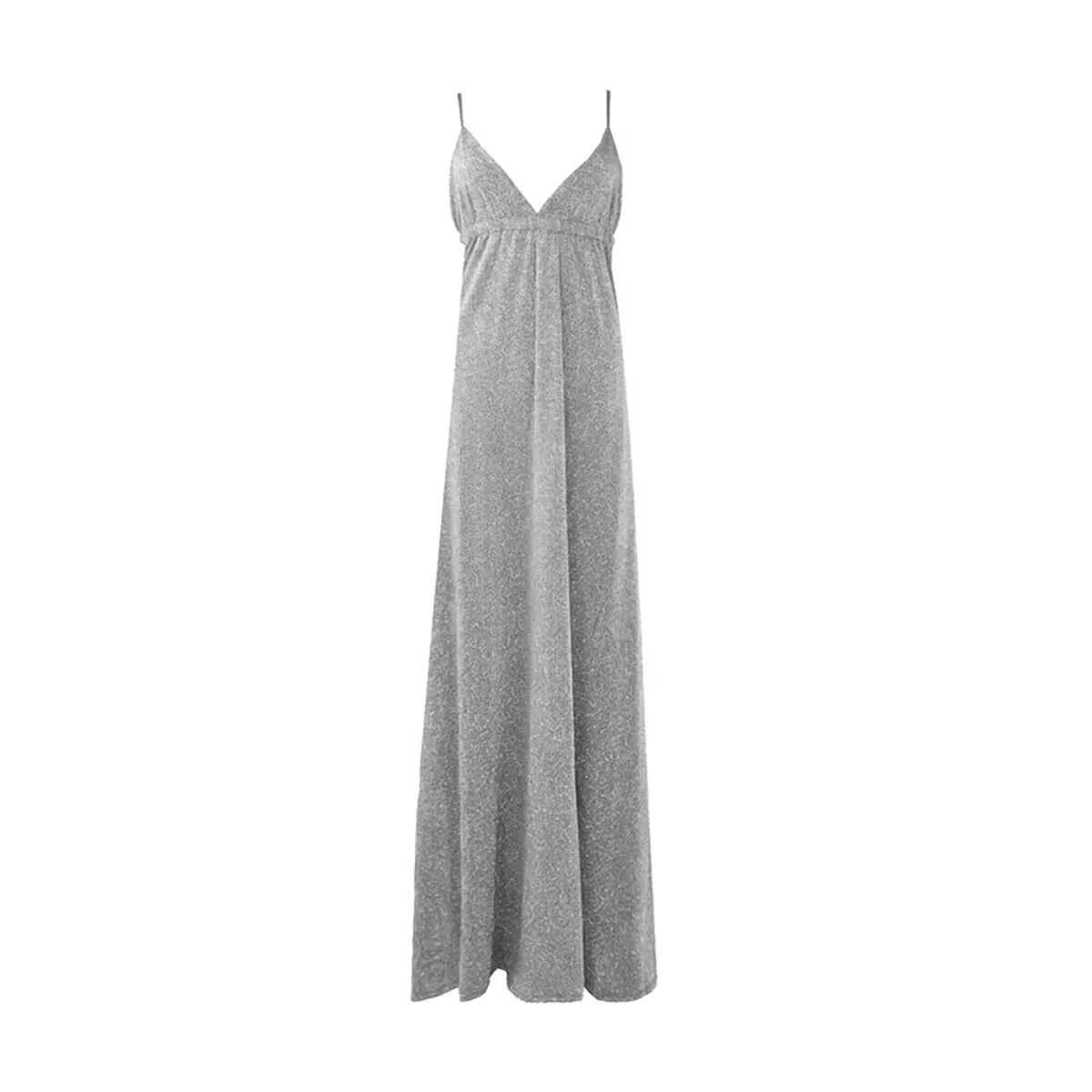Abito lungo in lurex argento MICOL con scollo a V e spalline sottili incrociate sulla schiena – Alessandra Gallo