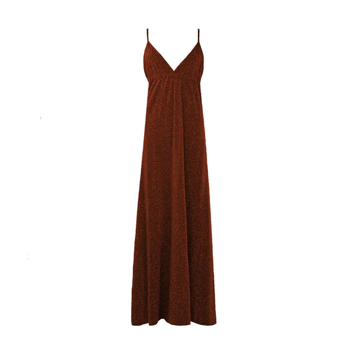 Abito lungo in lurex bronzo MICOL con scollo a V e spalline sottili incrociate sulla schiena – Alessandra Gallo