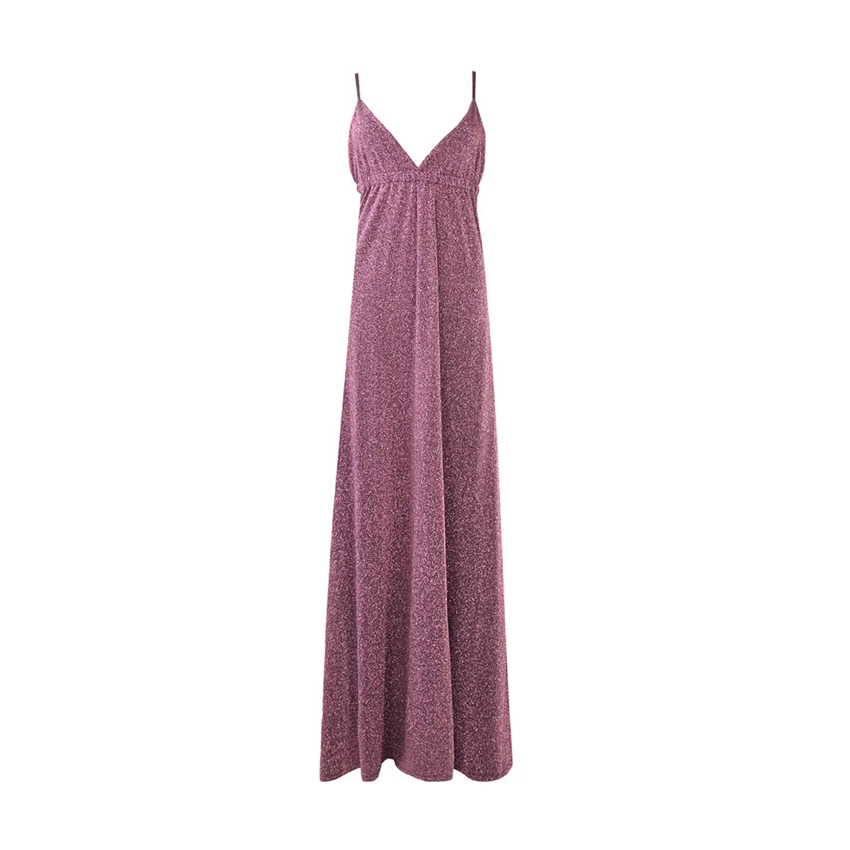 Abito lungo in lurex rosa MICOL con scollo a V e spalline sottili incrociate sulla schiena – Alessandra Gallo