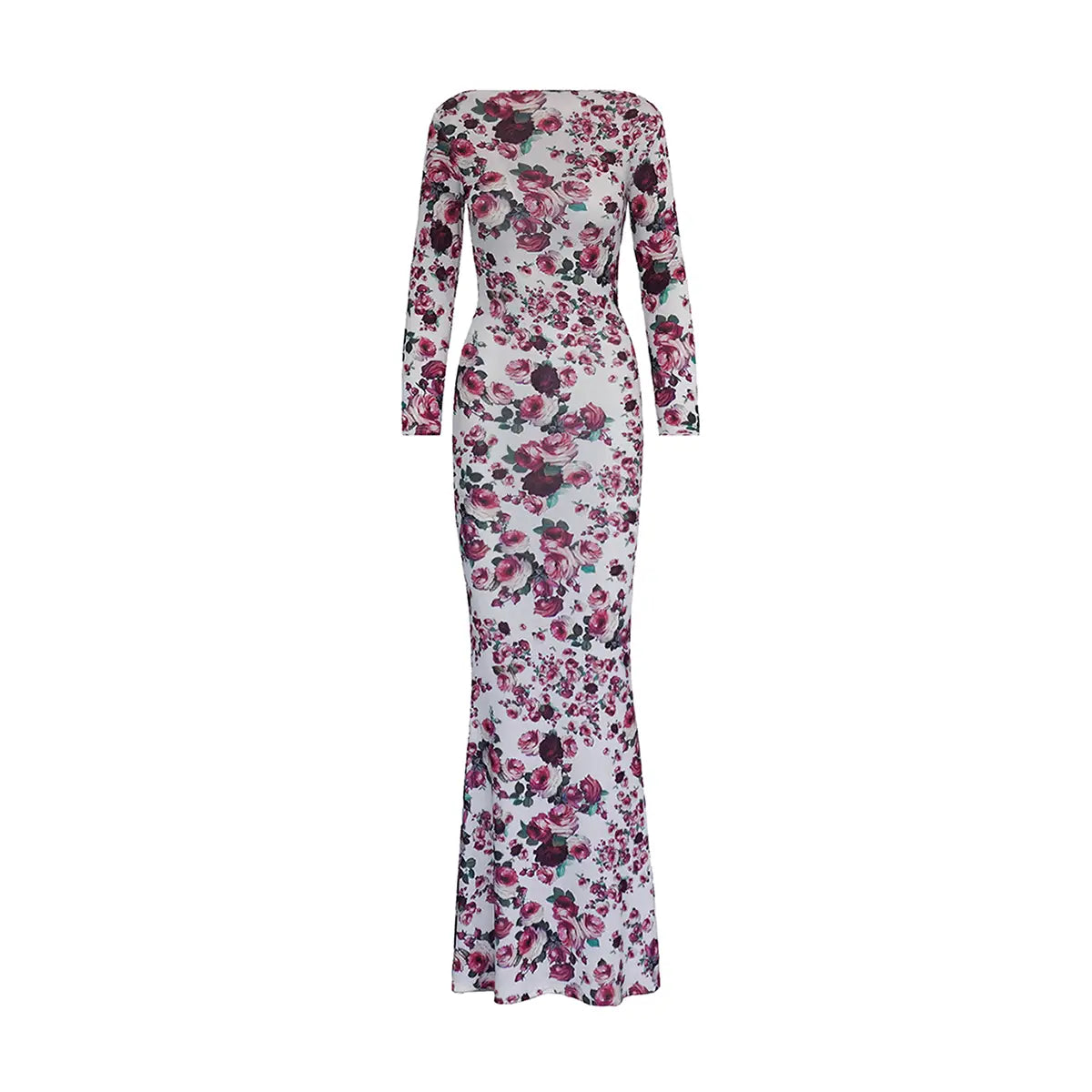 Abito lungo da donna in mesh bianco floreale ORNELLA con girocollo e maniche lunghe – Alessandra Gallo
