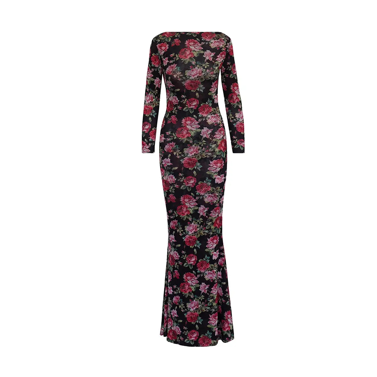 Abito lungo da donna in mesh nero floreale ORNELLA con girocollo e maniche lunghe – Alessandra Gallo
