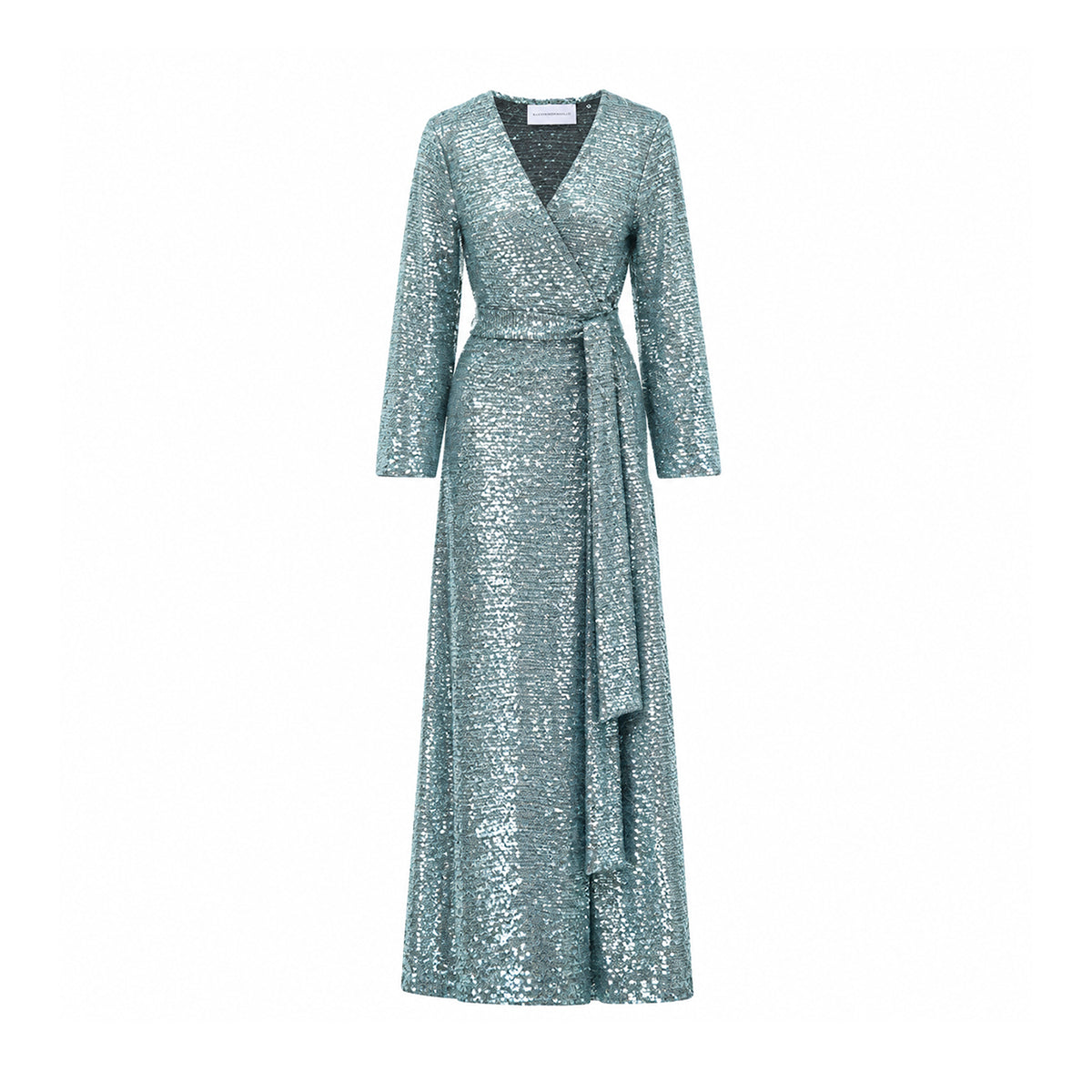 LETIZIA, abito lungo a portafoglio in paillettes azzurre.