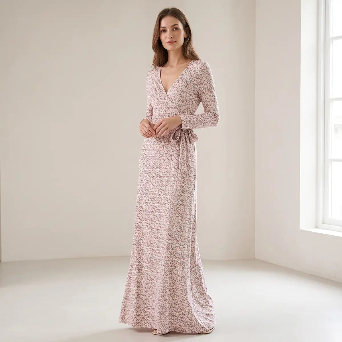 Abito lungo a portafoglio in lycra stampa roses LETIZIA con scollo a V e fusciacca annodata in vita indossato da modella – Alessandra Gallo
