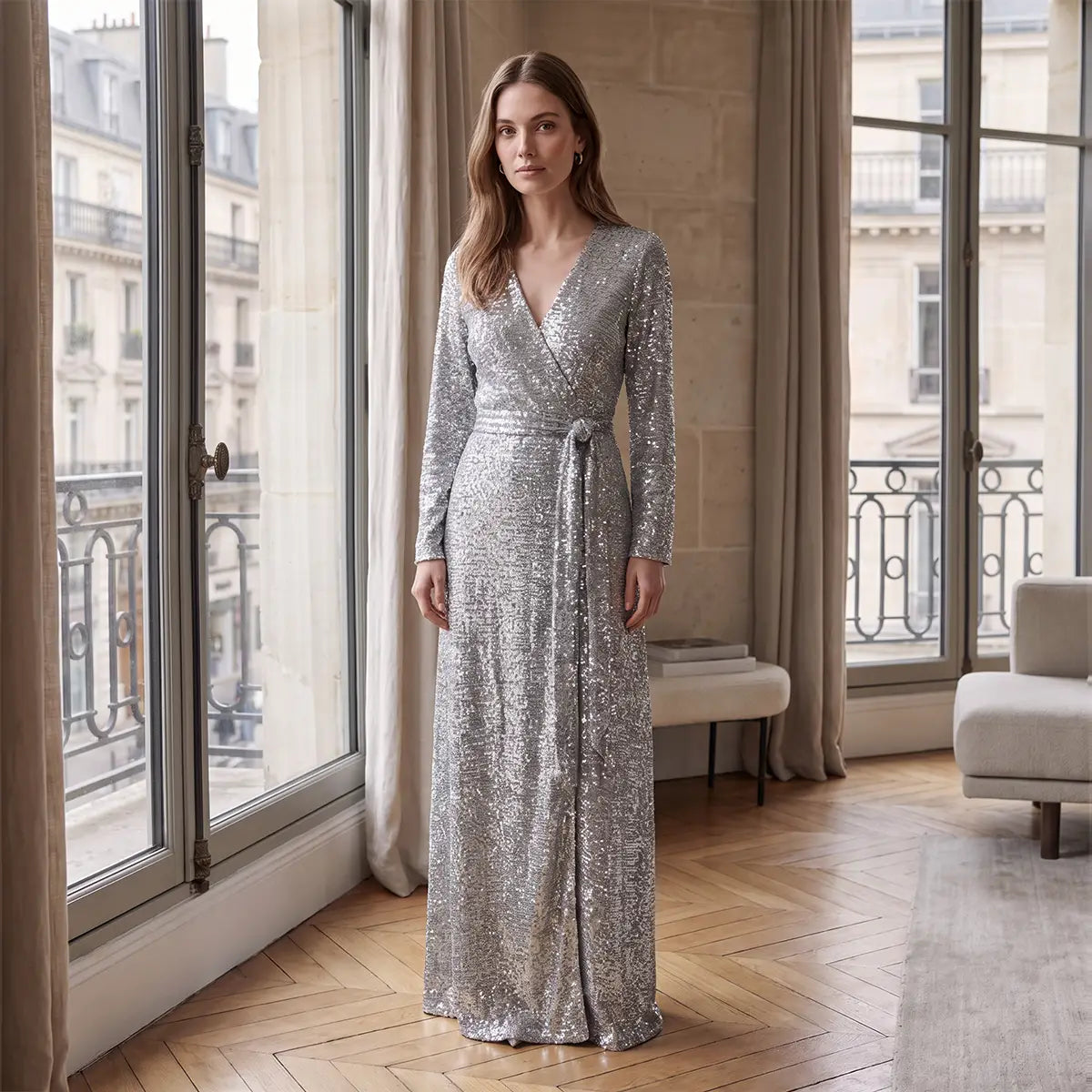 Abito lungo a portafoglio in paillettes argento LETIZIA con scollo a V e fusciacca annodata in vita indossato da modella – Alessandra Gallo