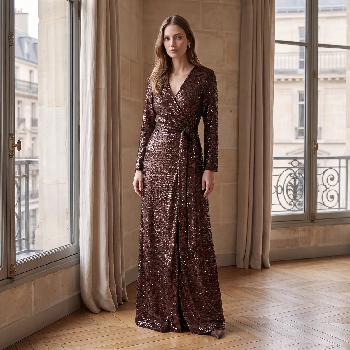 Abito lungo a portafoglio in paillettes marroni LETIZIA con scollo a V e fusciacca annodata in vita indossato da modella – Alessandra Gallo
