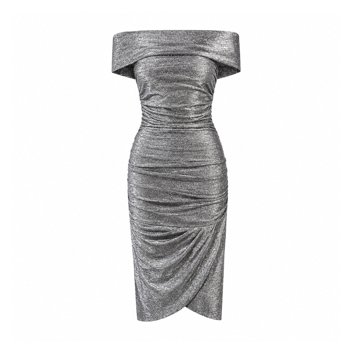 VIOLANTE, abito midi in lurex antracite con scollo bardot, drappeggio sul busto.
