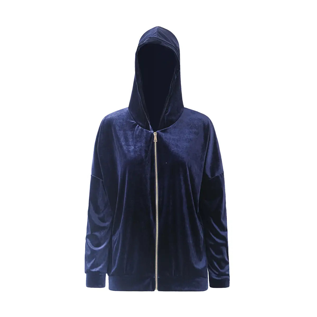 Felpa ADRIEN di Alessandra Gallo in ciniglia blu con cappuccio e chiusura con zip frontale - vista frontale - Day&Night Collection