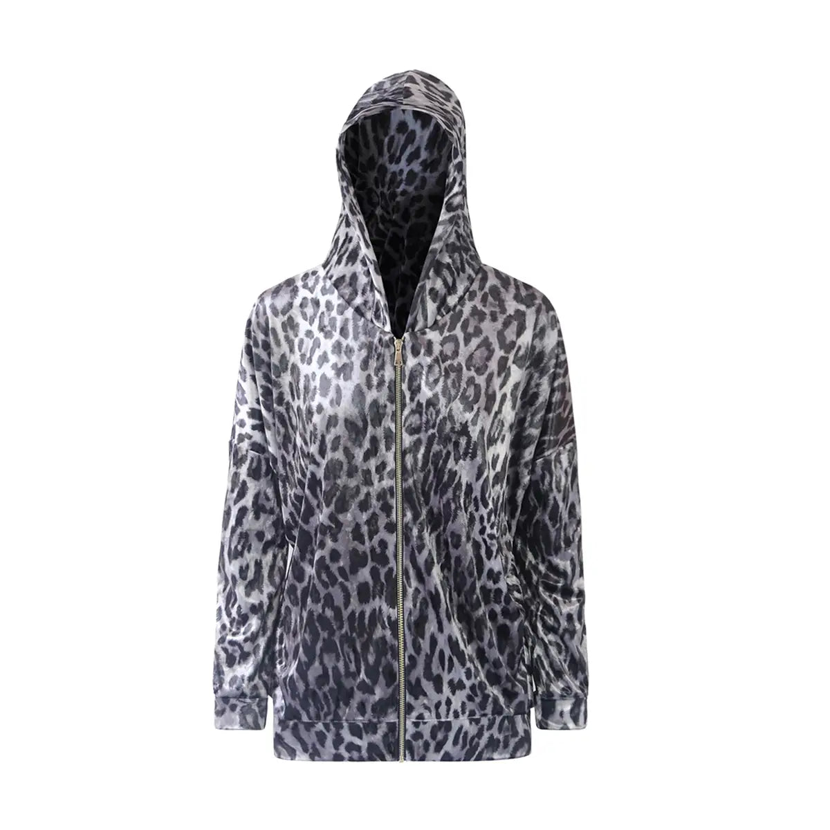 Felpa ADRIEN di Alessandra Gallo in ciniglia martellata in fantasia animalier grigia con cappuccio e chiusura con zip frontale - vista frontale - Day&Night Collection